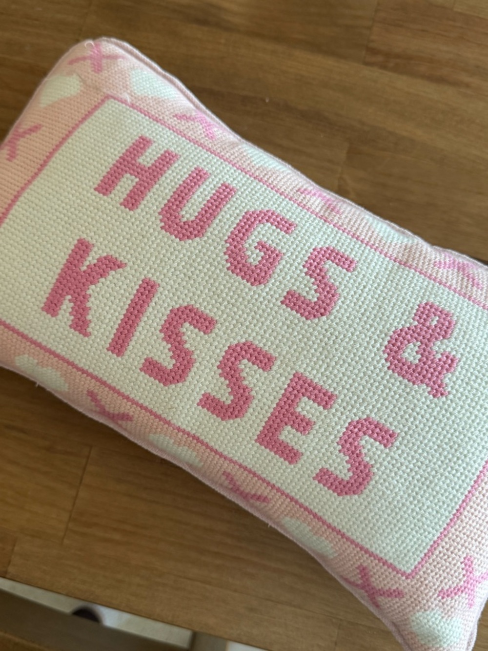 Hugs & Kisses Pink Cross-Stitch Accent Pillow